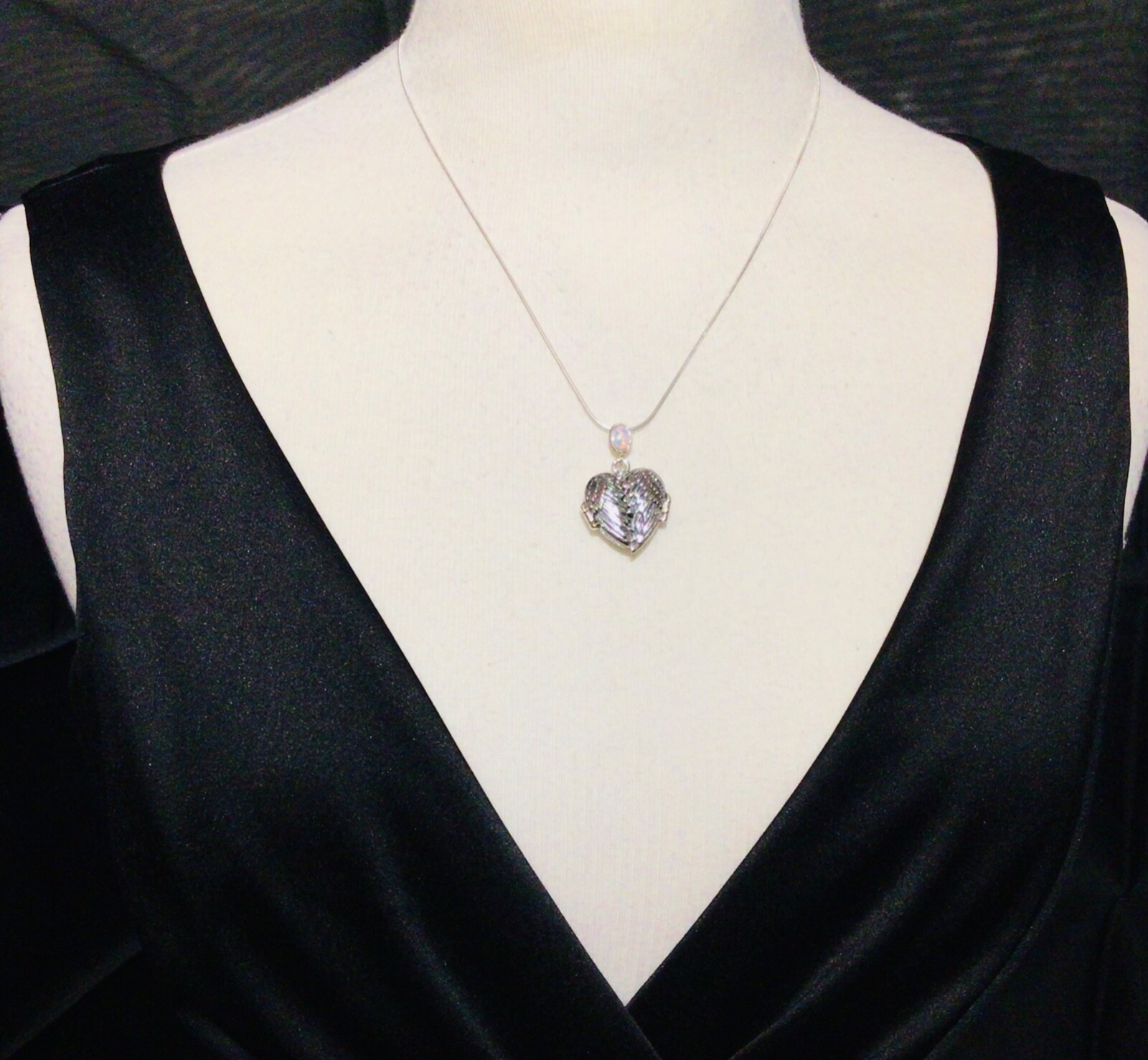 Sterling Silver Fire Opal guardian angel wings Love Heart photo Prayer locket