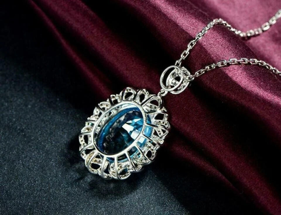 3.50Ct Oval Cut Blue Topaz Diamond Halo Pendant 14K White Gold Finish Free Chain