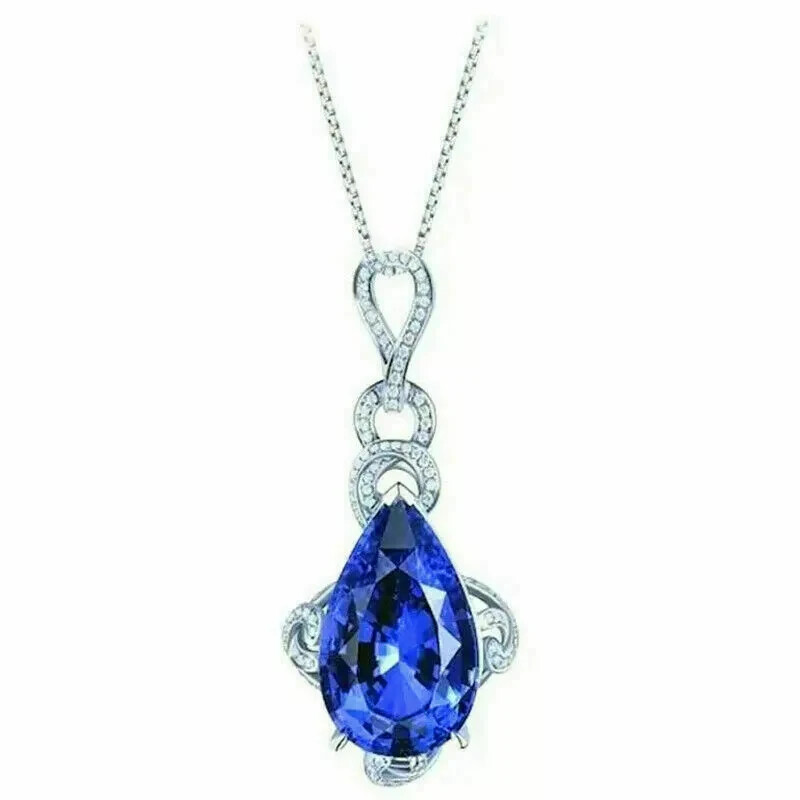 3Ct Pear Cut Blue Sapphire Diamond Teardrop Pendant 14K White Gold FN Free Chain