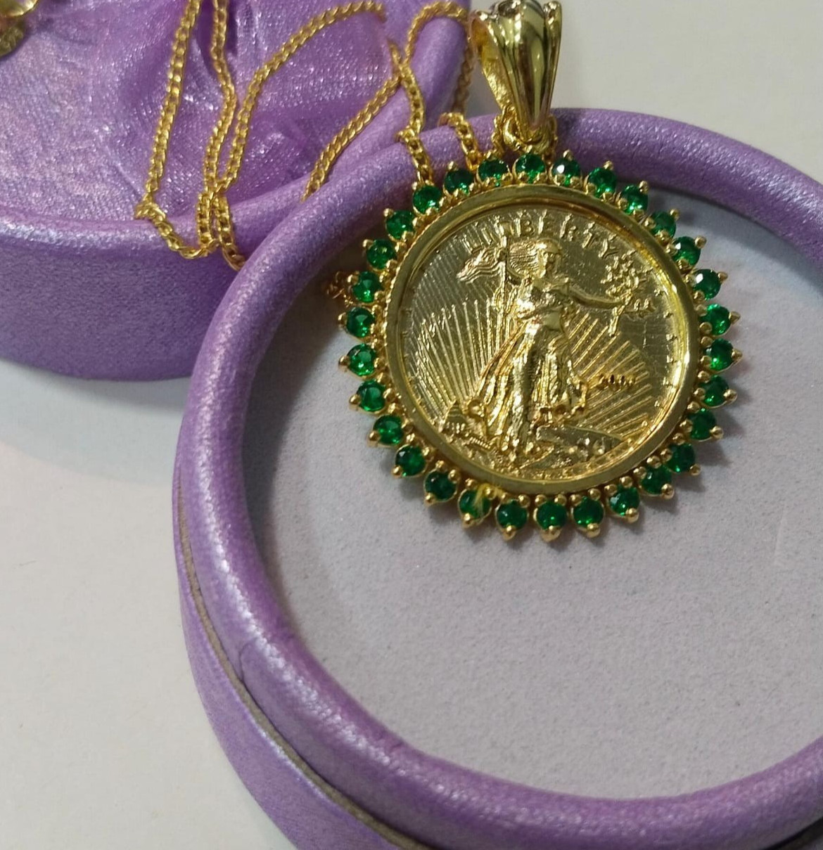 Liberty Coin Pendant 14K Yellow Gold Plated 2Ct Round Cut Lab Created Emerald