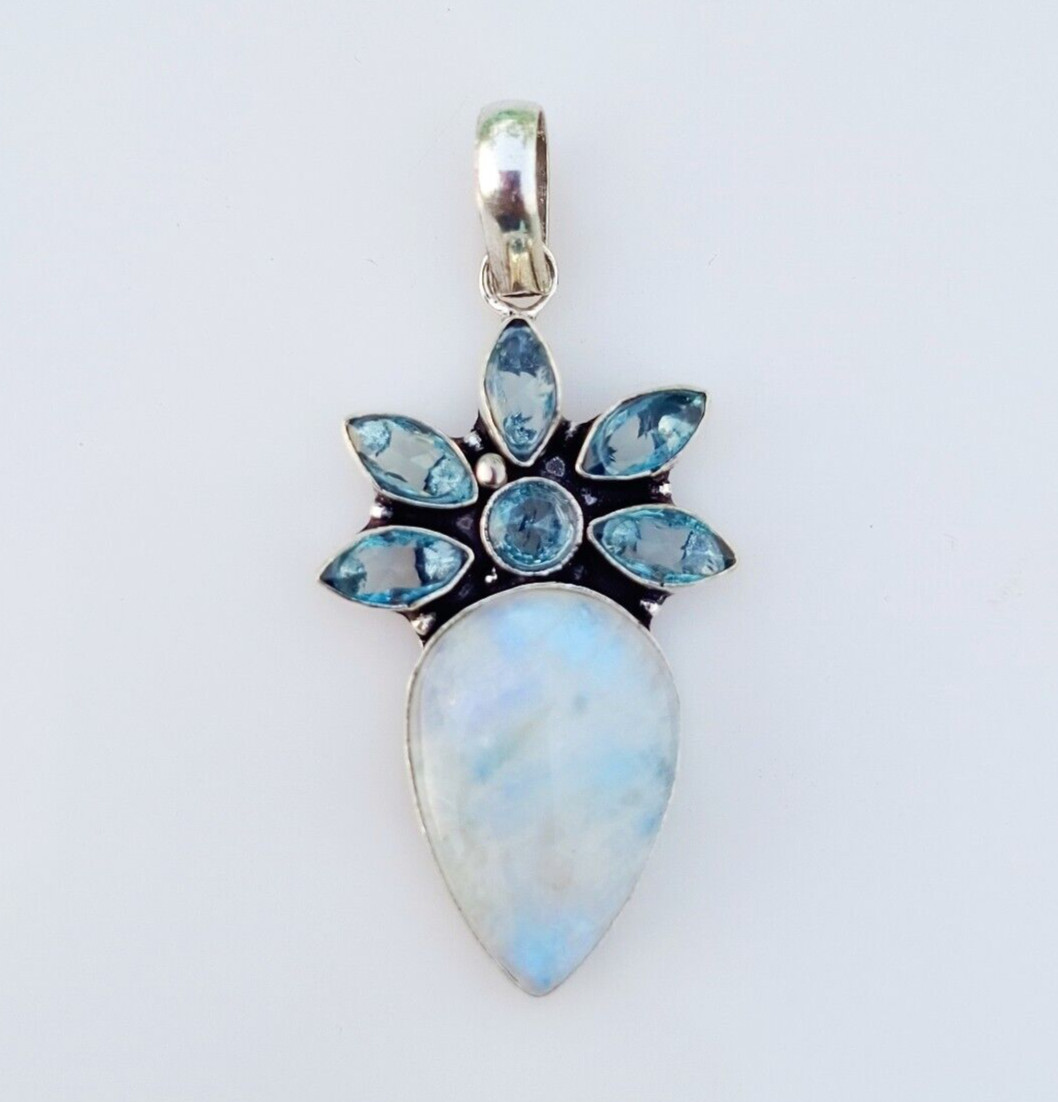 Moonstone Aquamarine Gemstone Pendant 925 Sterling Silver Handmade Jewelry 2.36″