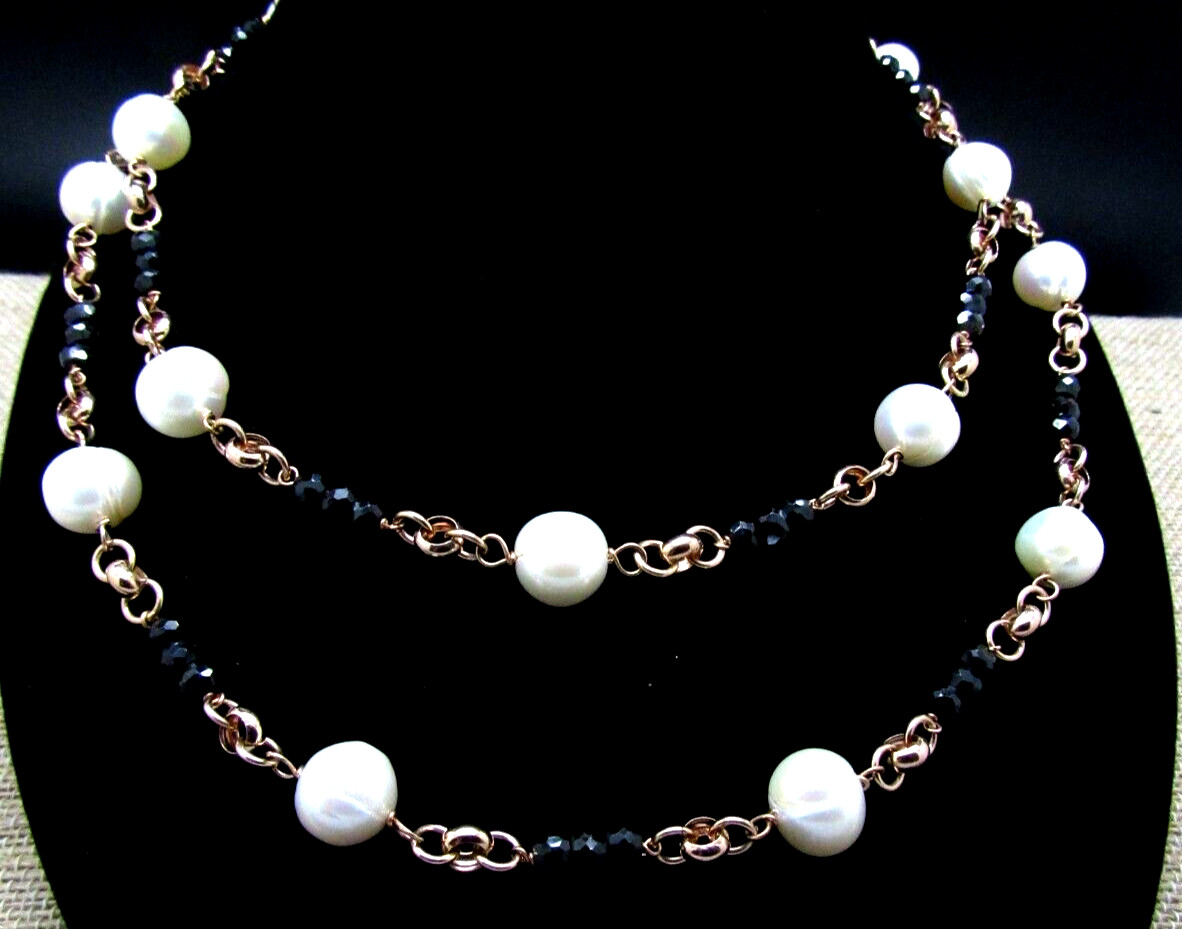 HONORA WHITE PEARL & BLACK BEAD NECKLACE BRONZE MILOR ITALY NEW IN BOX
