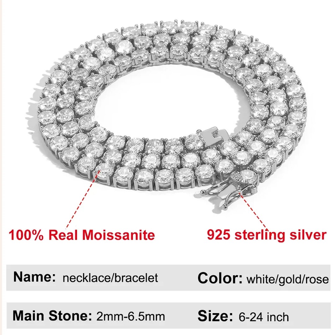 Colorful Real Moissanite Tennis Chain Necklace S925 Silver Bracelet Passes Test
