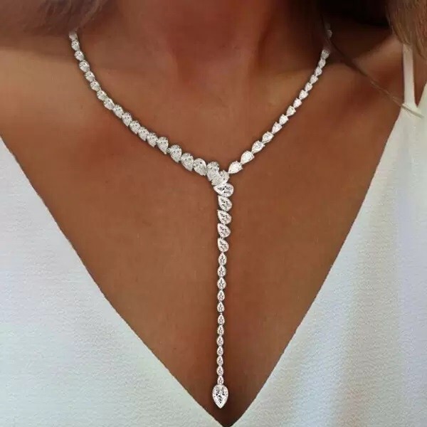 23.5 ctw Pear Cut Created Diamond 14K White Gold Plated Modern Tennis Necklace