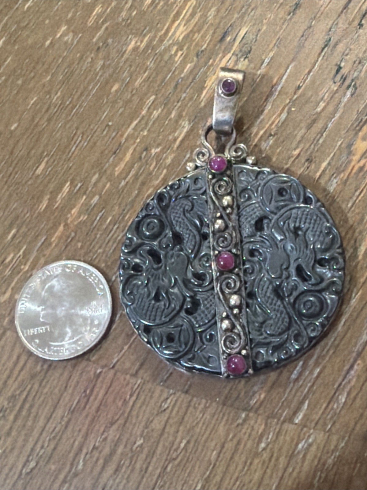 Sajen Sterling Silver Carved Hematite Dragon Ruby Disk Pendant 49.7g Unique
