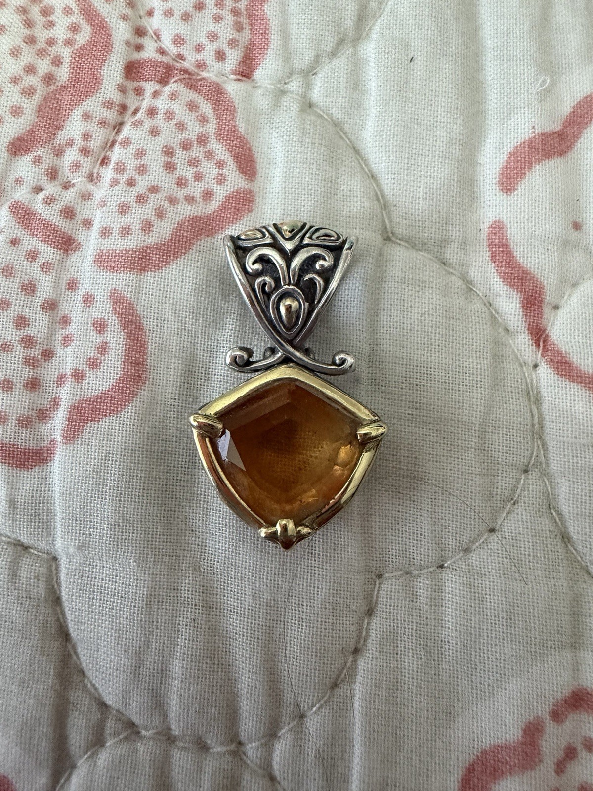 John Hardy citrine pendant W/intricate filigree sterling silver & 18K gold