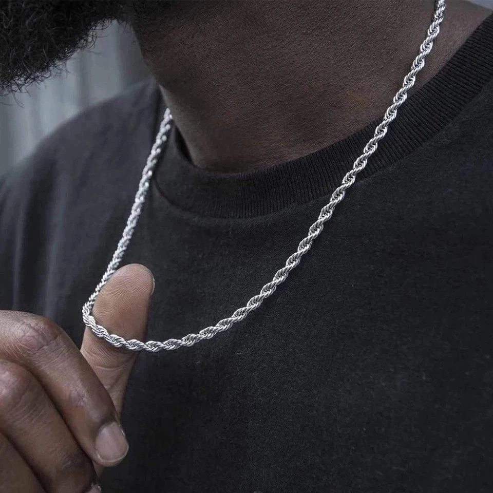 4mm Diamond Cut Solid 925 Sterling Silver Italian Rope Chain Men’s Necklace