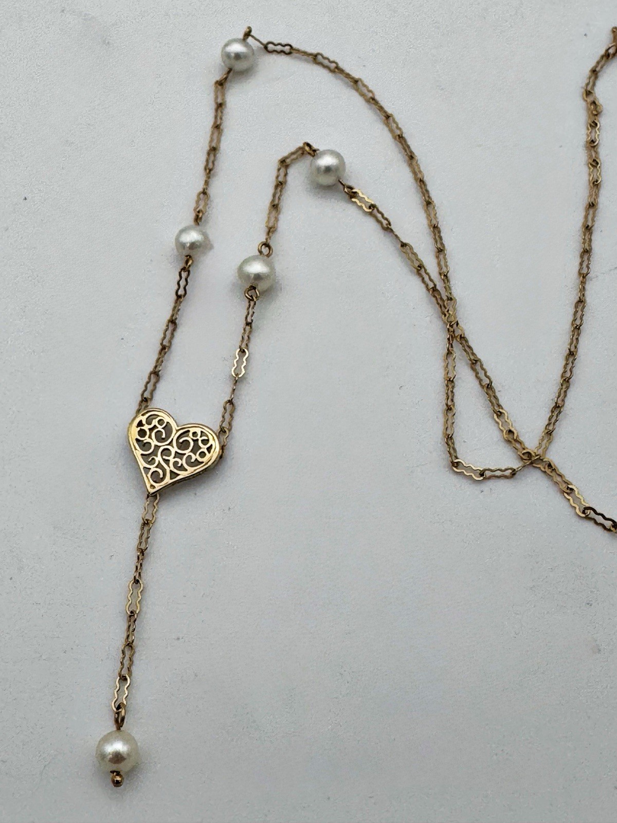 Peter Brams Designs 14K Delicate Gold Heart And Pearl Necklace 8 1/2 Inch Long