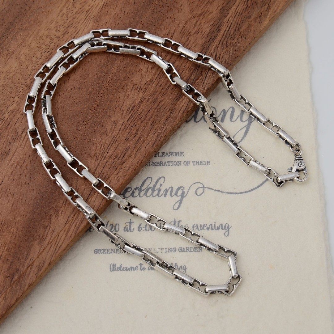 5MM Real 925 Sterling Silver Rectangle Link Chain Mens Vintage Hip Hop Necklace