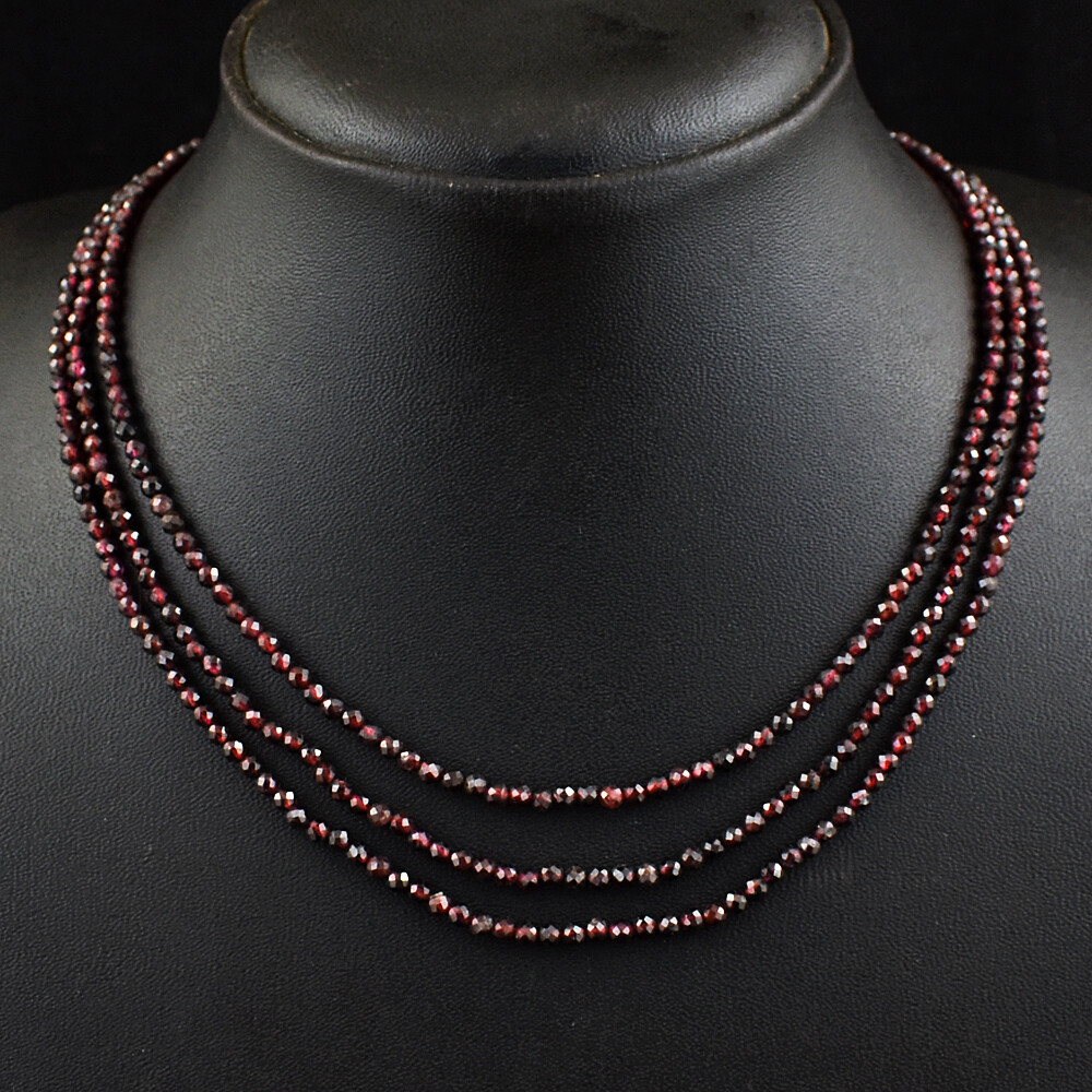136 Cts Natural 3 Strand Red Garnet Round Shape Faceted Beads Necklace JK 45E382