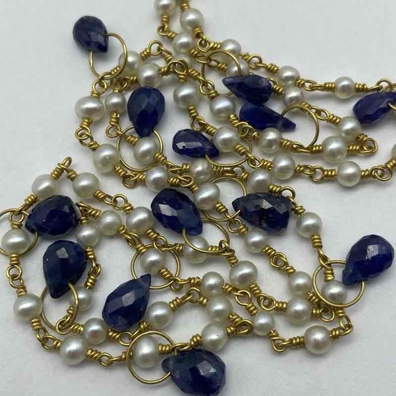 14K Yellow Gold Blue Topaz Pearl Station Dangle Necklace 17.25″ 7.28g