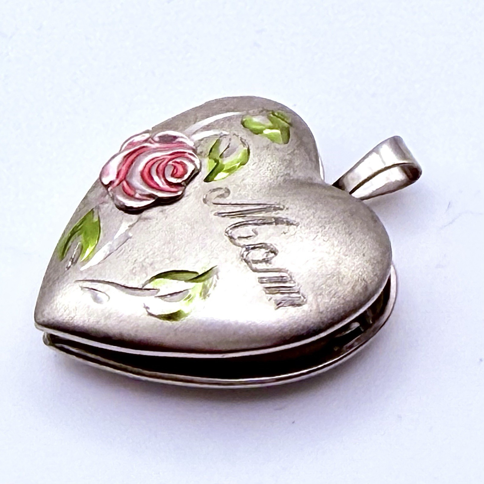 Sterling Silver Heart LOCKET Pink Enamel Rose “Mom” Inscription Mothers Day Gift