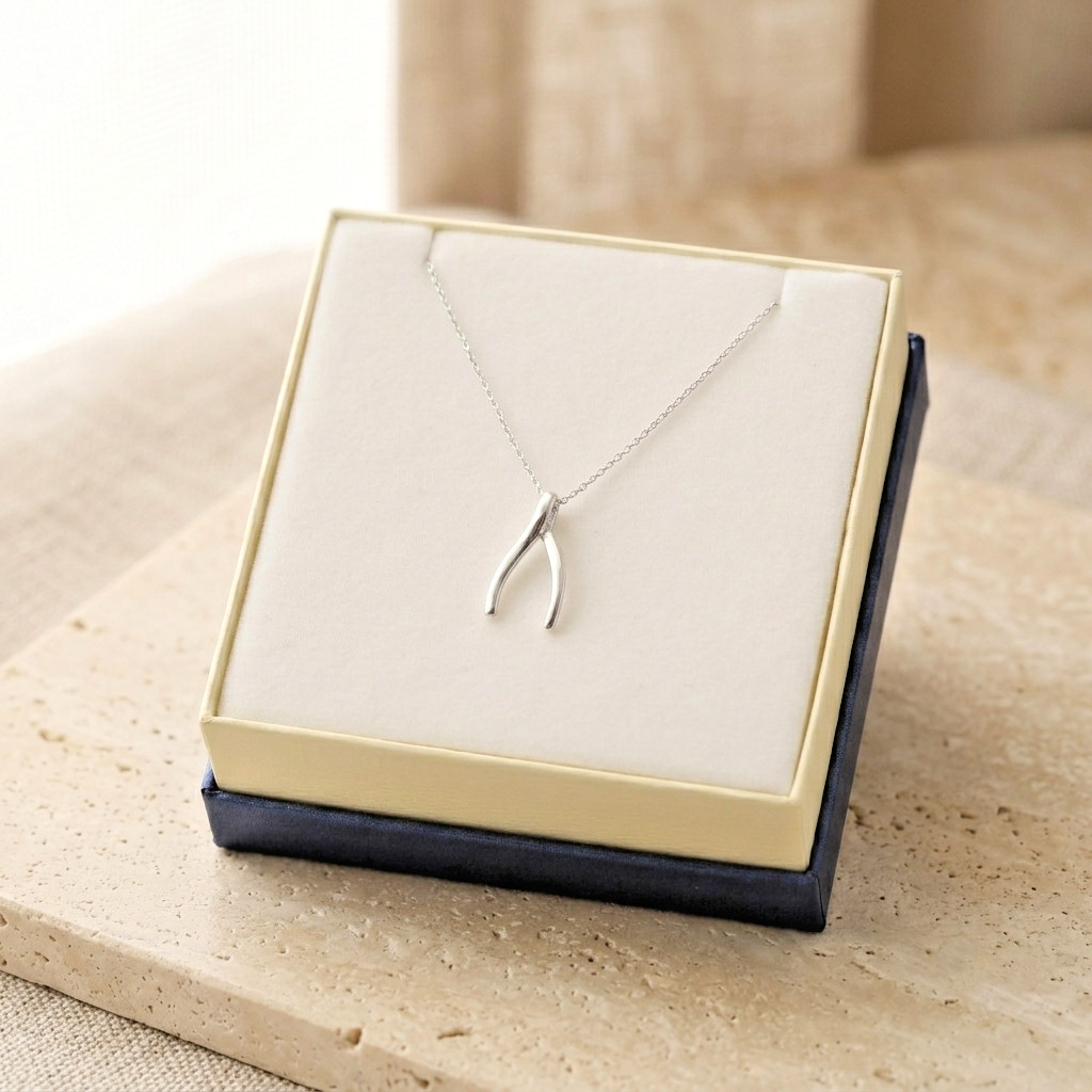 Solid 925 Sterling Silver Wishbone Pendant Charm Necklace 18″ Cable Chain