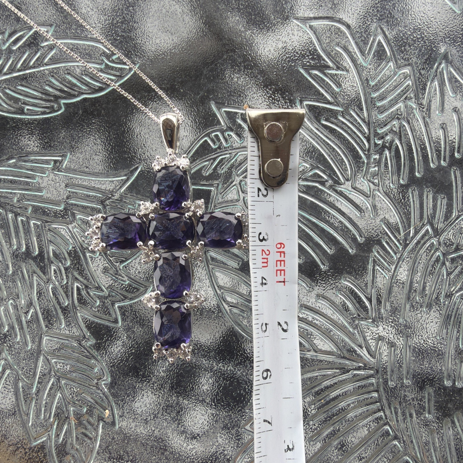 Amerthyst CZ Cross 2.25” Pendant Sterling Silver 925 Mount And 18” Chain 20g