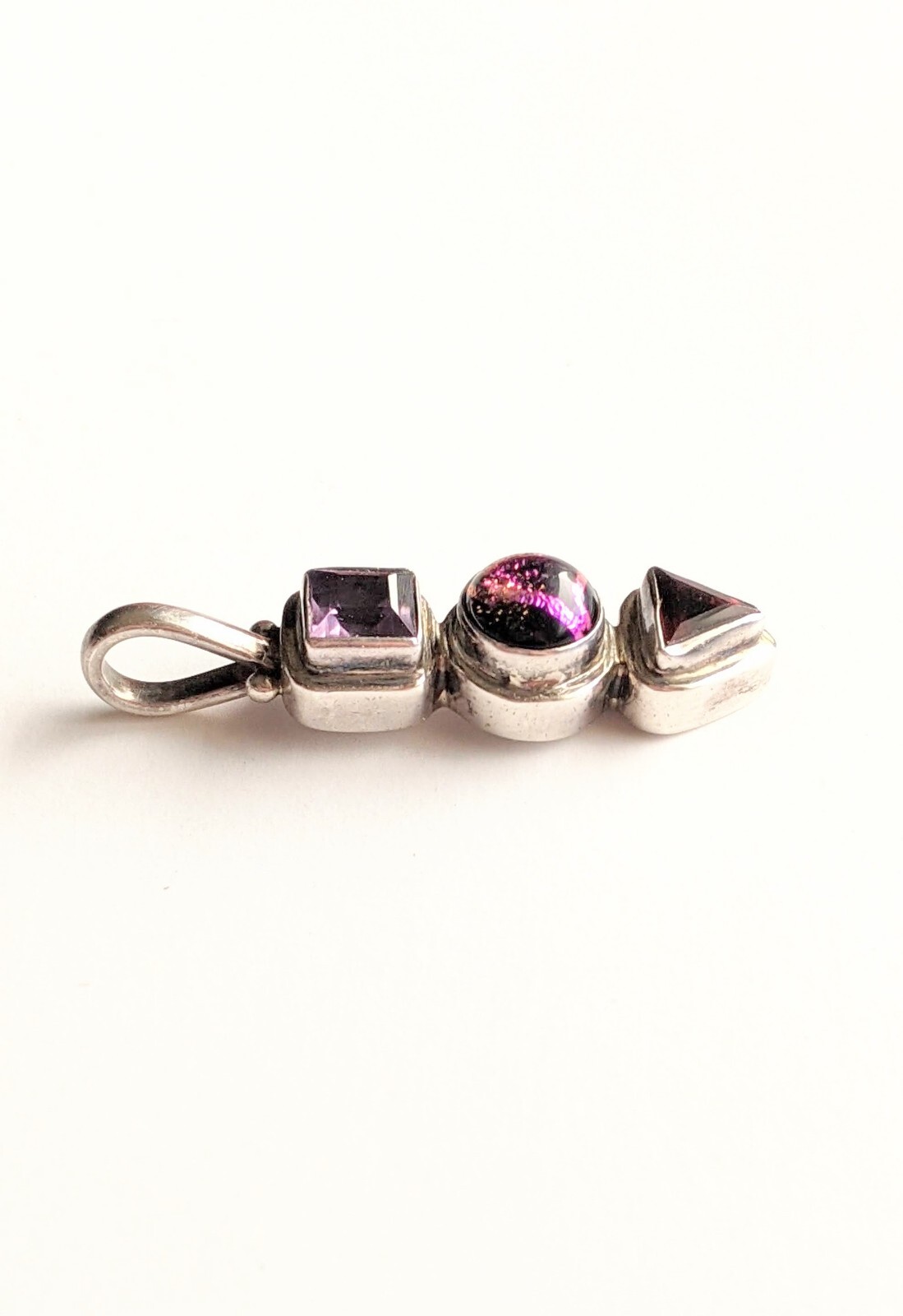 Vintage 3 Stone Sterling Multi Cut Purple Gemstone 1½” Drop Dangle PENDANT