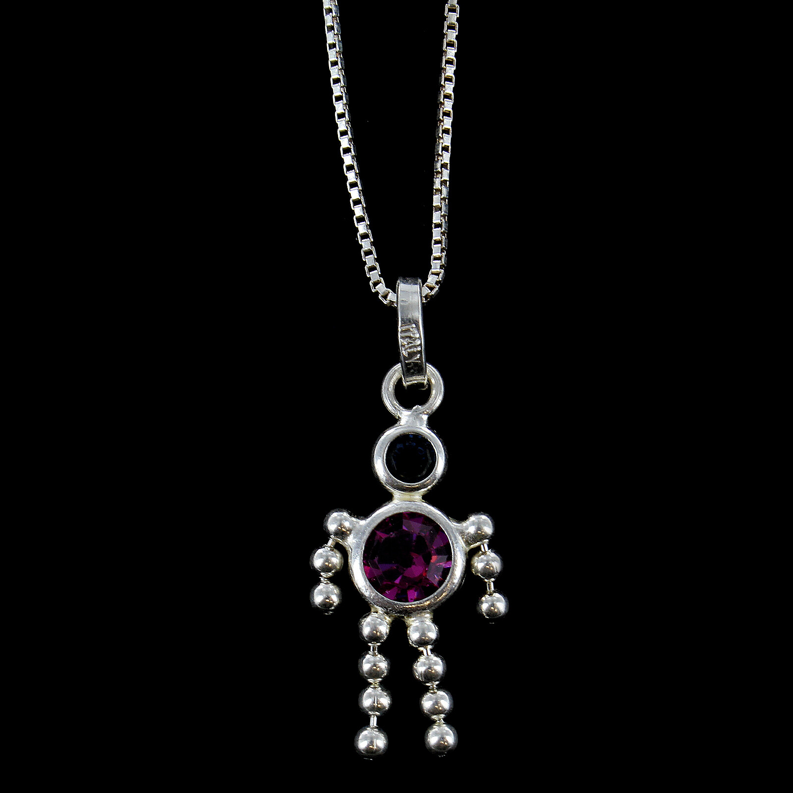 Crystal Gemstone People Charm on Sterling Silver Thin Box Style Chain Necklace