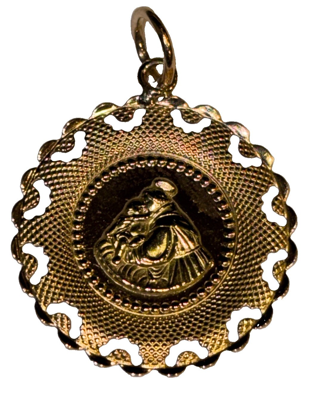18K Yellow Gold Custom Religious Medal Pendant With Unique Diamond Cut Accents !