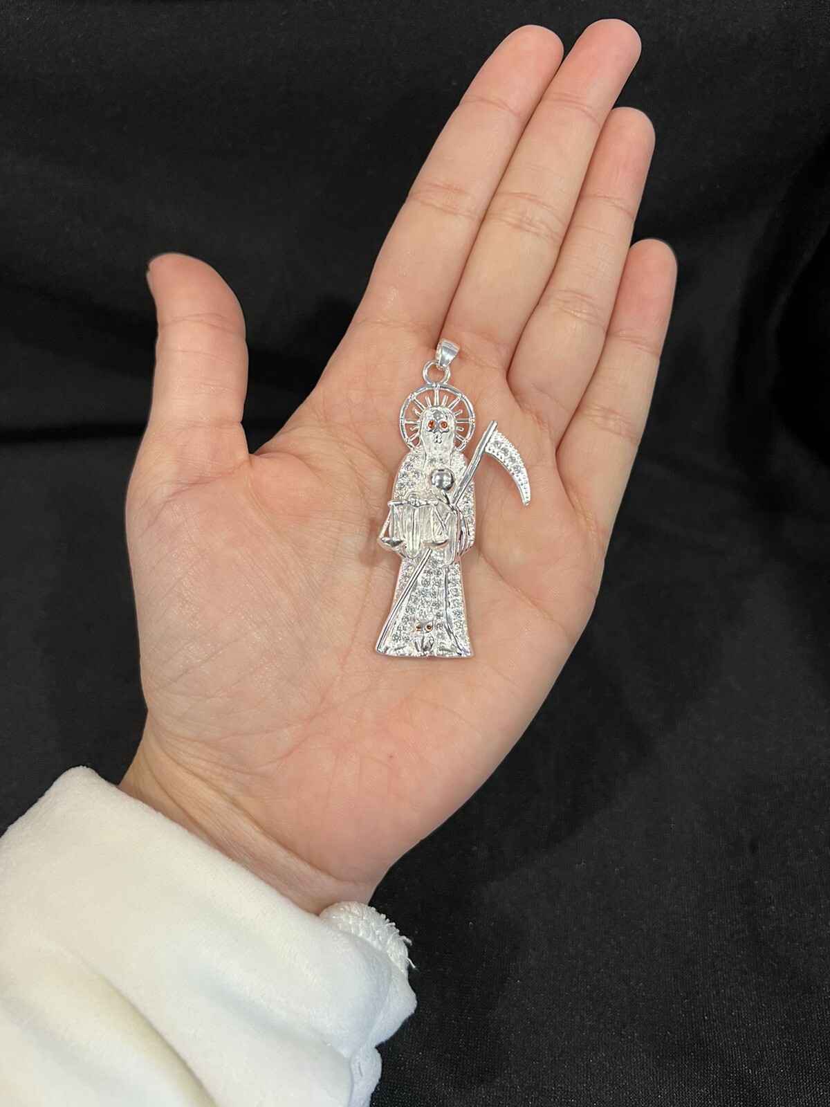925 Sterling Silver Mens Womens CZ Santa Muerte Grim Reaper Holy Death Pendant