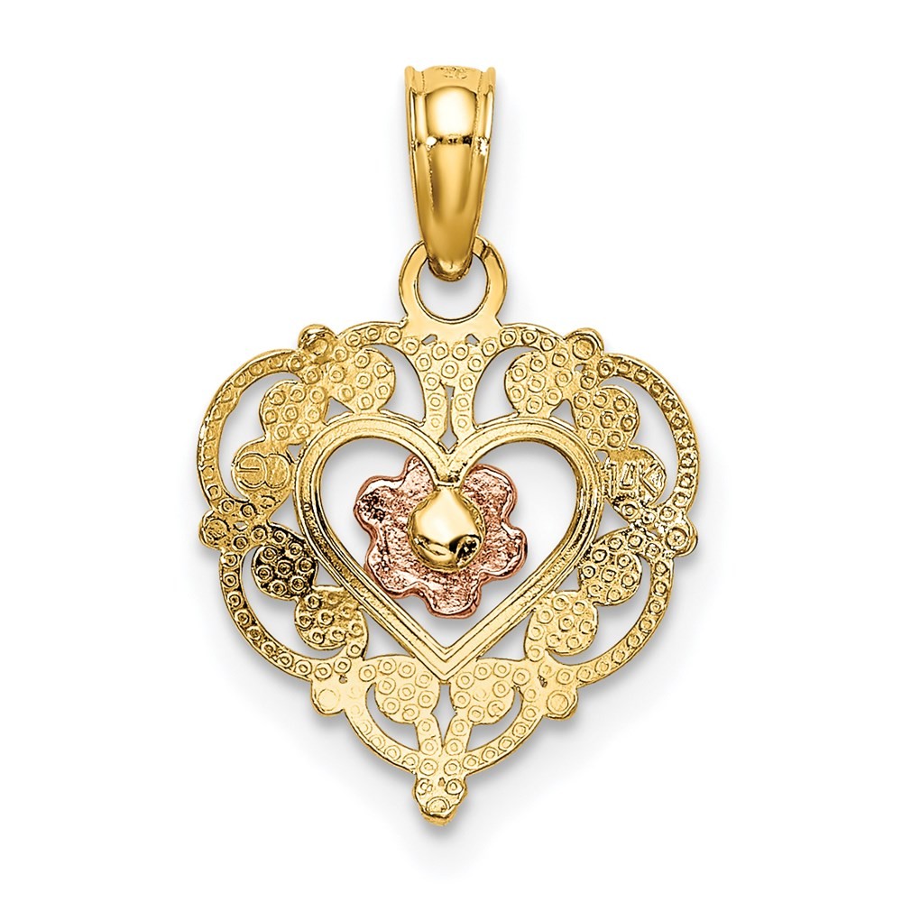 14K Two-tone Gold Flower in Fancy Border Heart Pendant 0.72gm L-0.75 in