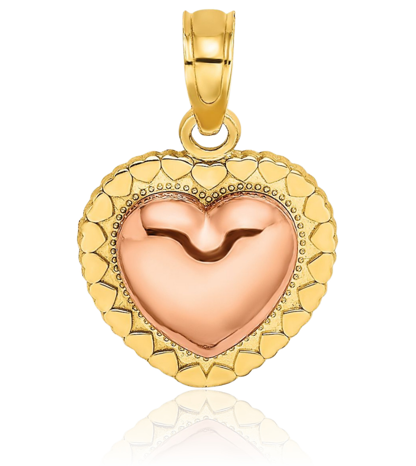 14K Solid Two Tone Gold Small Heart Beaded Pendant Necklace 14.9mm 5/8 inch