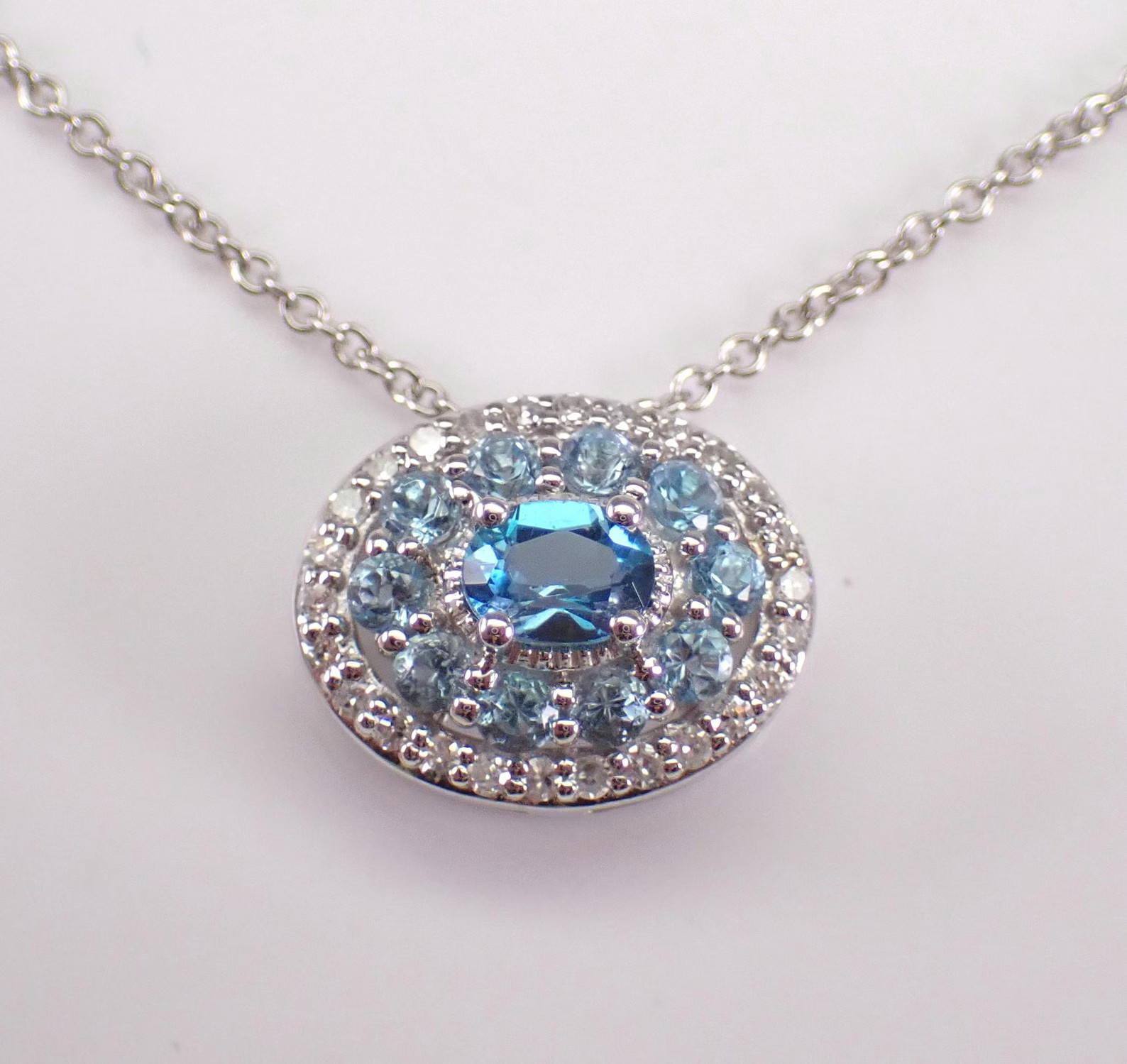 2 Ct Oval Lab Created Blue Topaz Halo Pendant Necklace 14K White Gold Plated