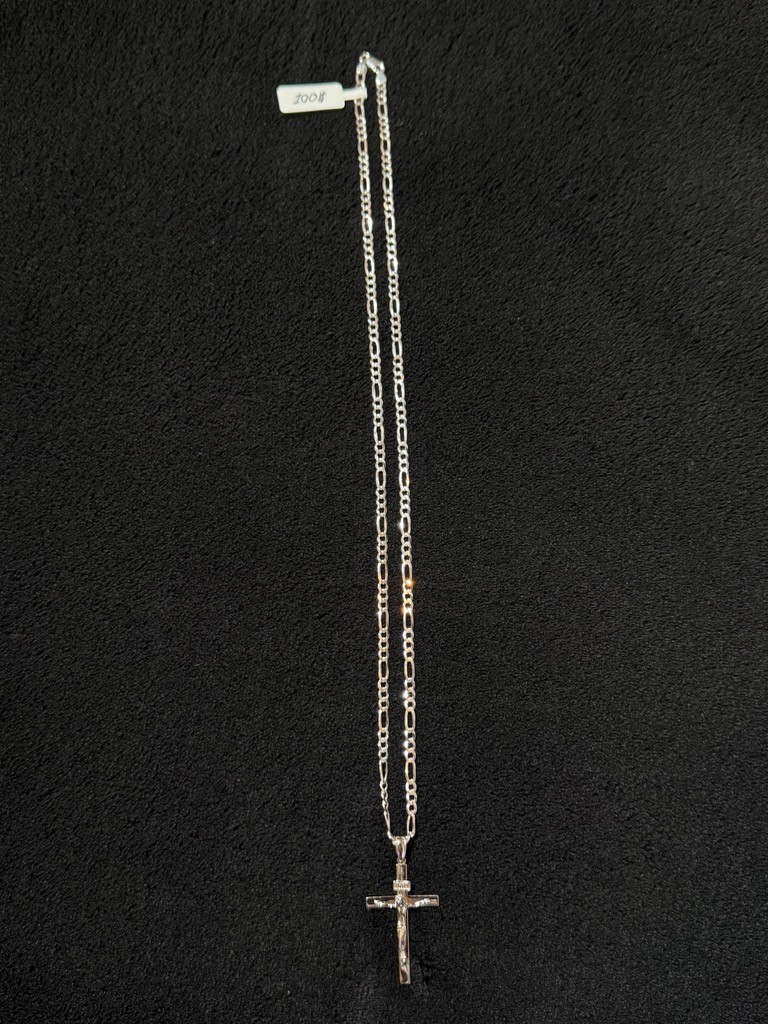 Sterling Silver 925 Italy Figaro Chain Necklace with INRI Crucifix Cross Pendant