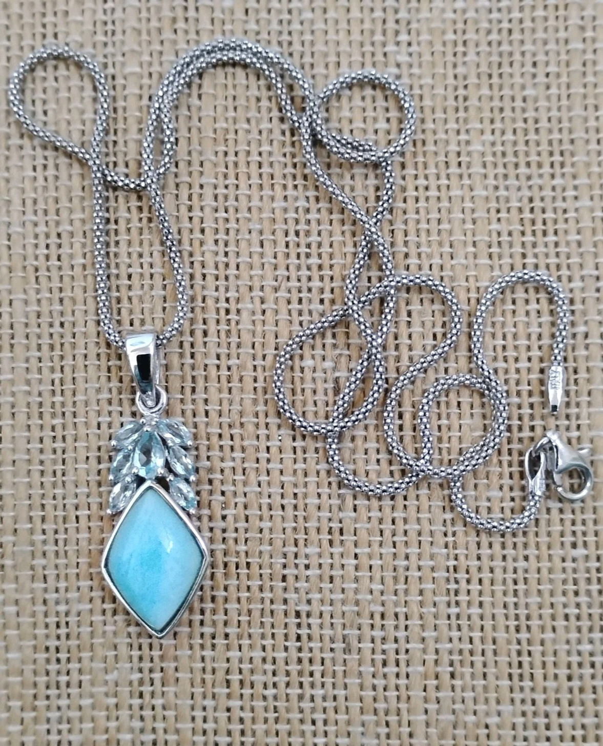 CFJ Thailand Larimar Blue Topaz Pendant Necklace Rhodium Plated Sterling Silver