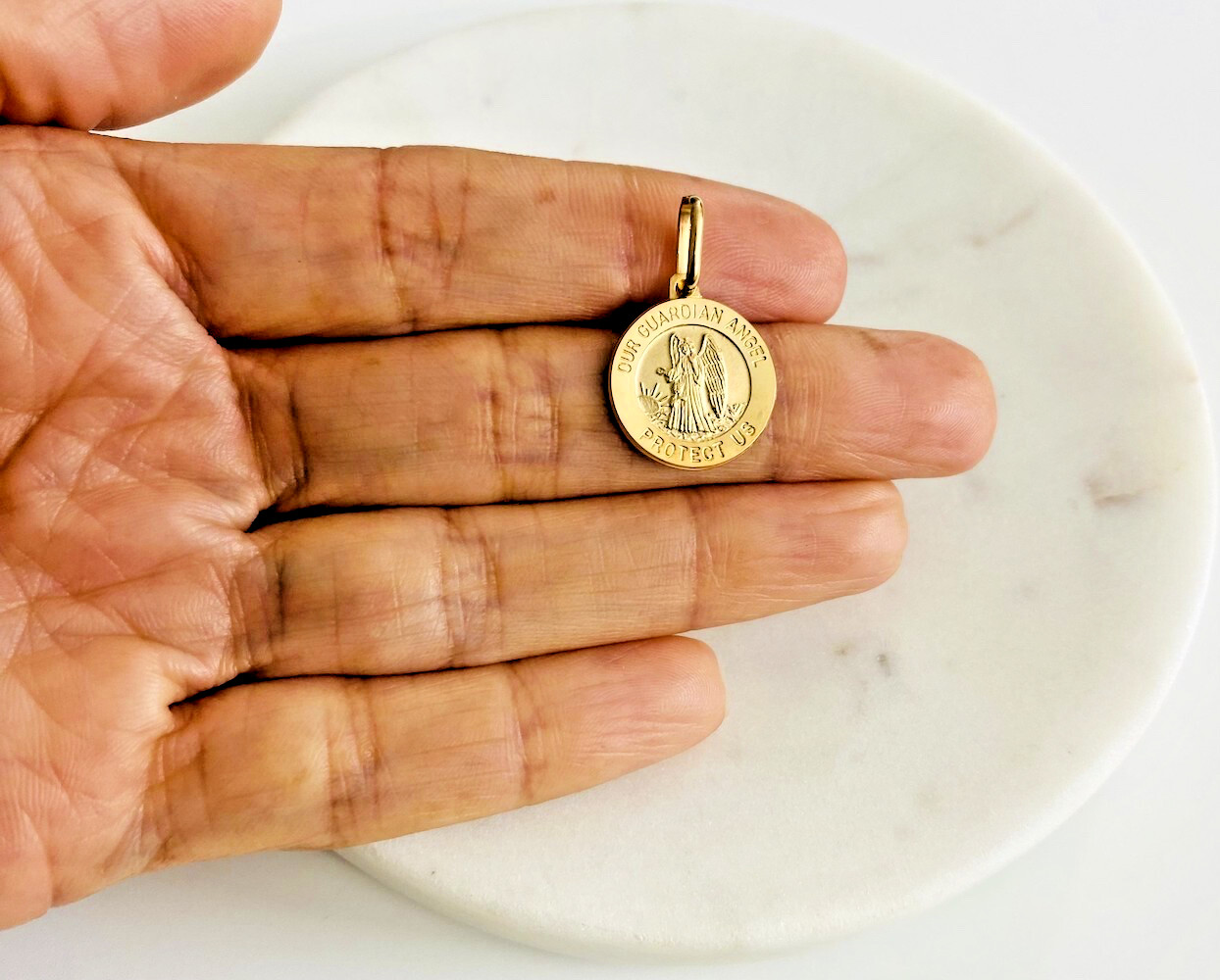 14K Solid Gold Guardian Angel Medal-14K Solid Gold 15mm Round Pendant -PT283