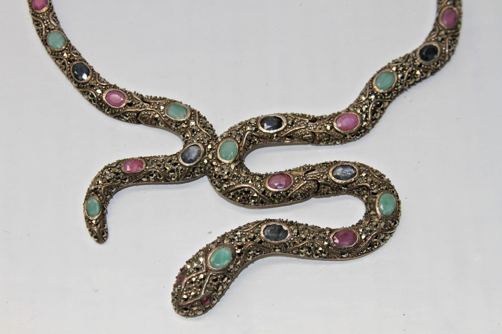 Ruby, Emerald, Sapphire, Marcasite Snake Necklace 925 Sterling Silver 77g