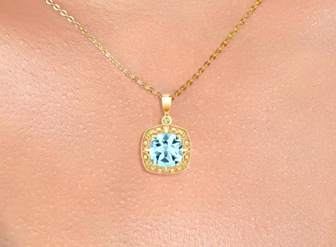 925 Yellow Gold Plated Silver Cushion Cut Sky Blue Topaz and Moissanite Pendant