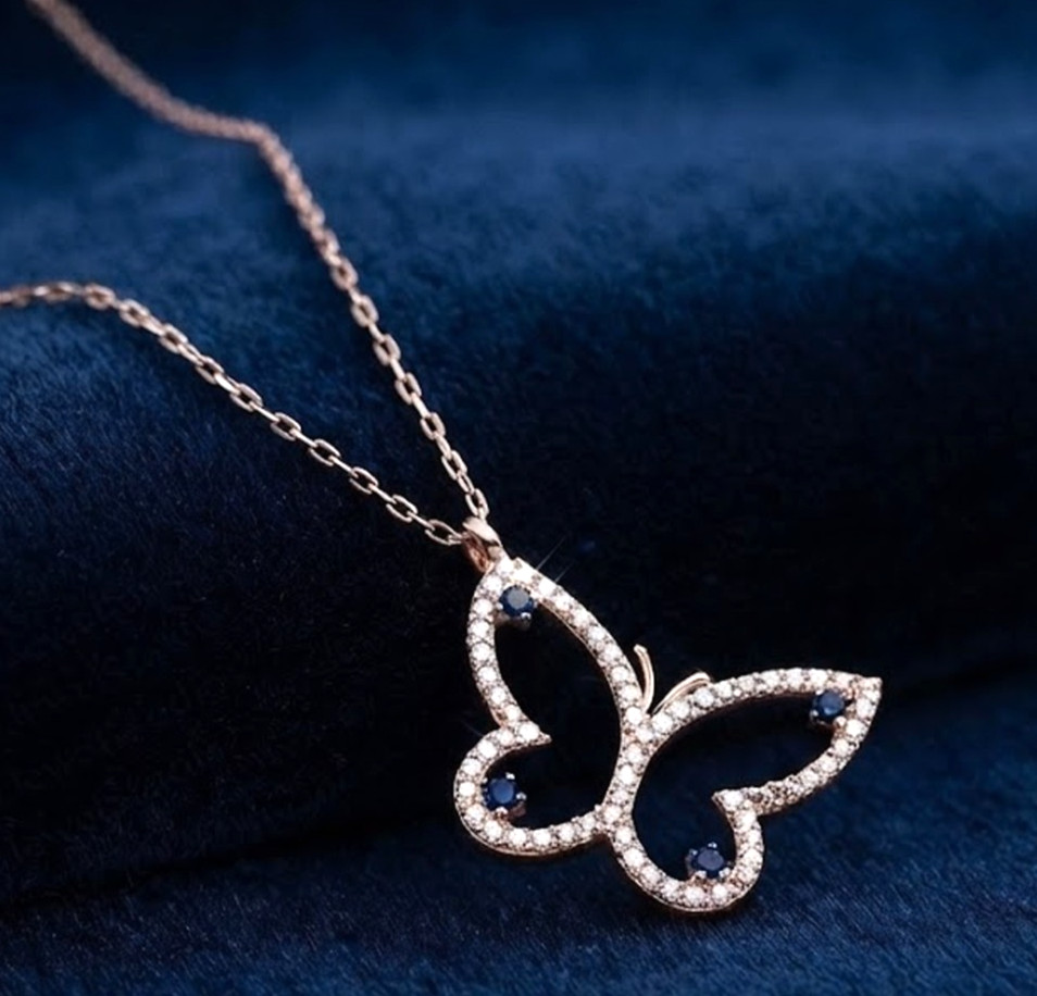 1.20ct Natural diamond 14k BIS Hallmarked rose gold Sapphire Butterfly Pendant