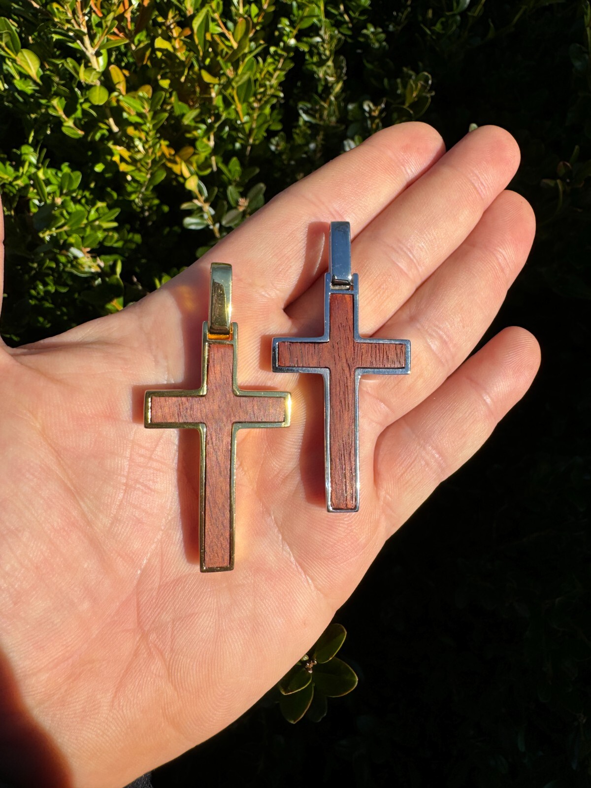 Large Mens Real 925 Silver & Wood Inlay Plain Religious Cross Pendant Necklace