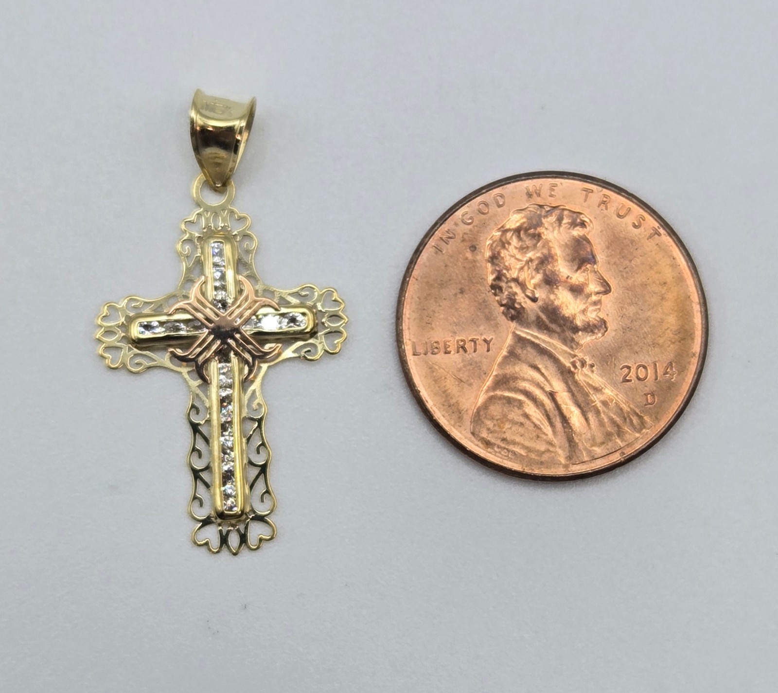 NEW Real 10K Yellow Gold 1in Cross Pendant, Pave CZ Stones, 3.5mm Bail