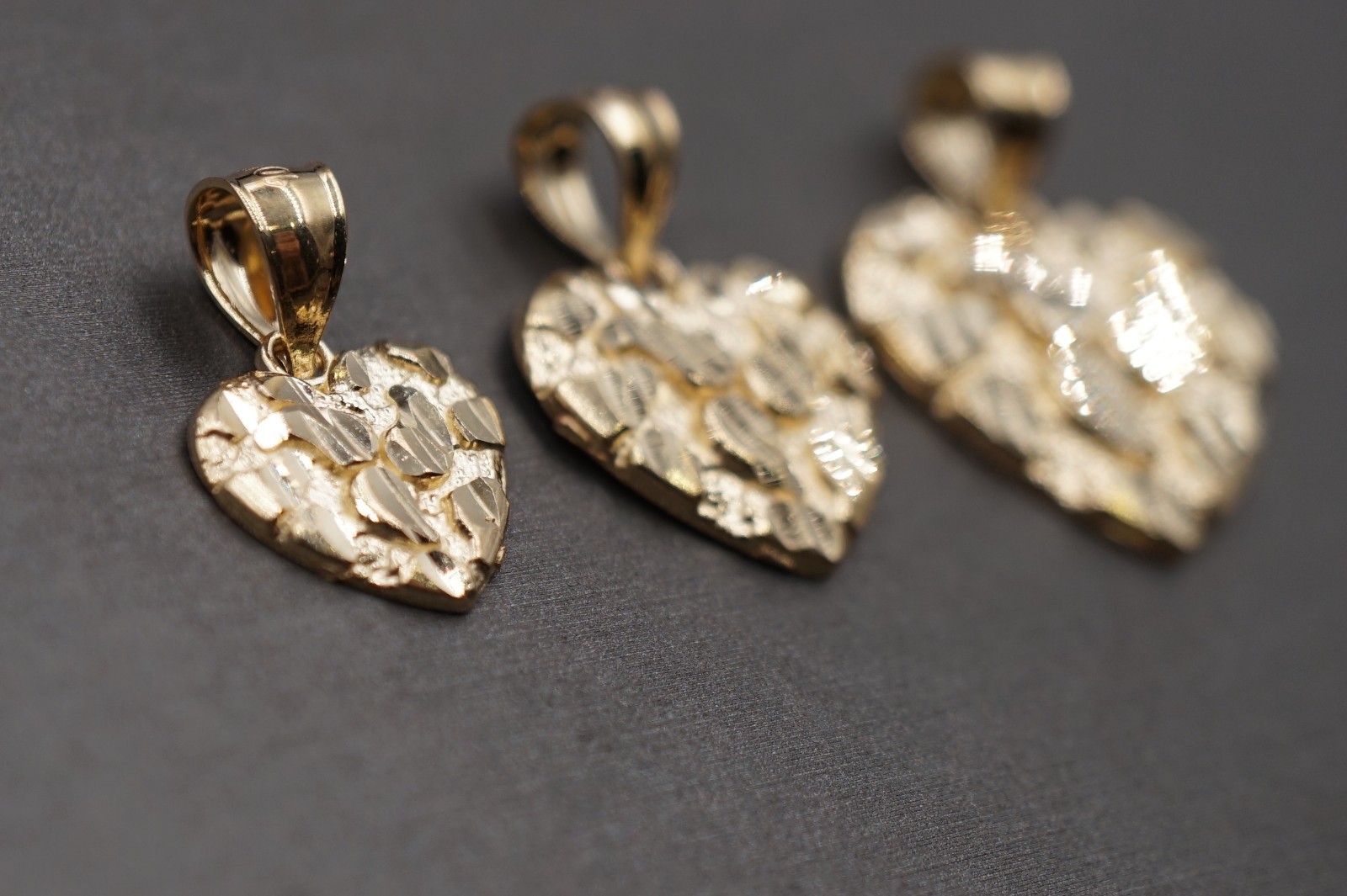 10K Solid Yellow Gold Diamond Cut Nugget Heart Charm Pendant. 3 Sizes