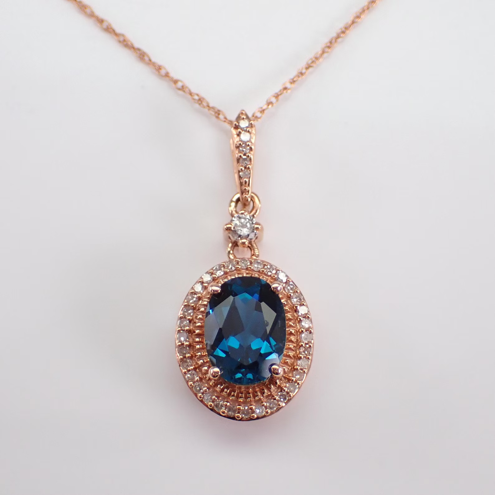 3Ct Ova Lab Created London Blue Topaz Halo Pendant Necklace 14K Rose Gold Plated