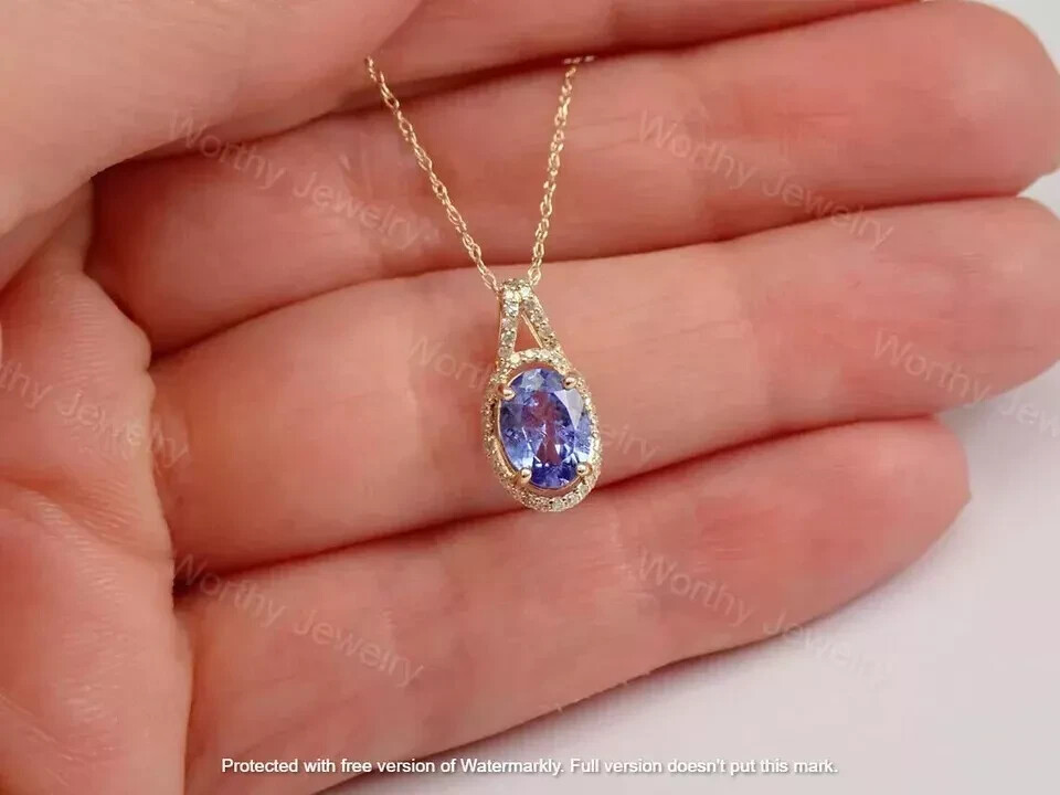 2Ct Oval Cut Blue Sapphire Diamond Halo Pendant Necklace 14K Yellow Gold Finish