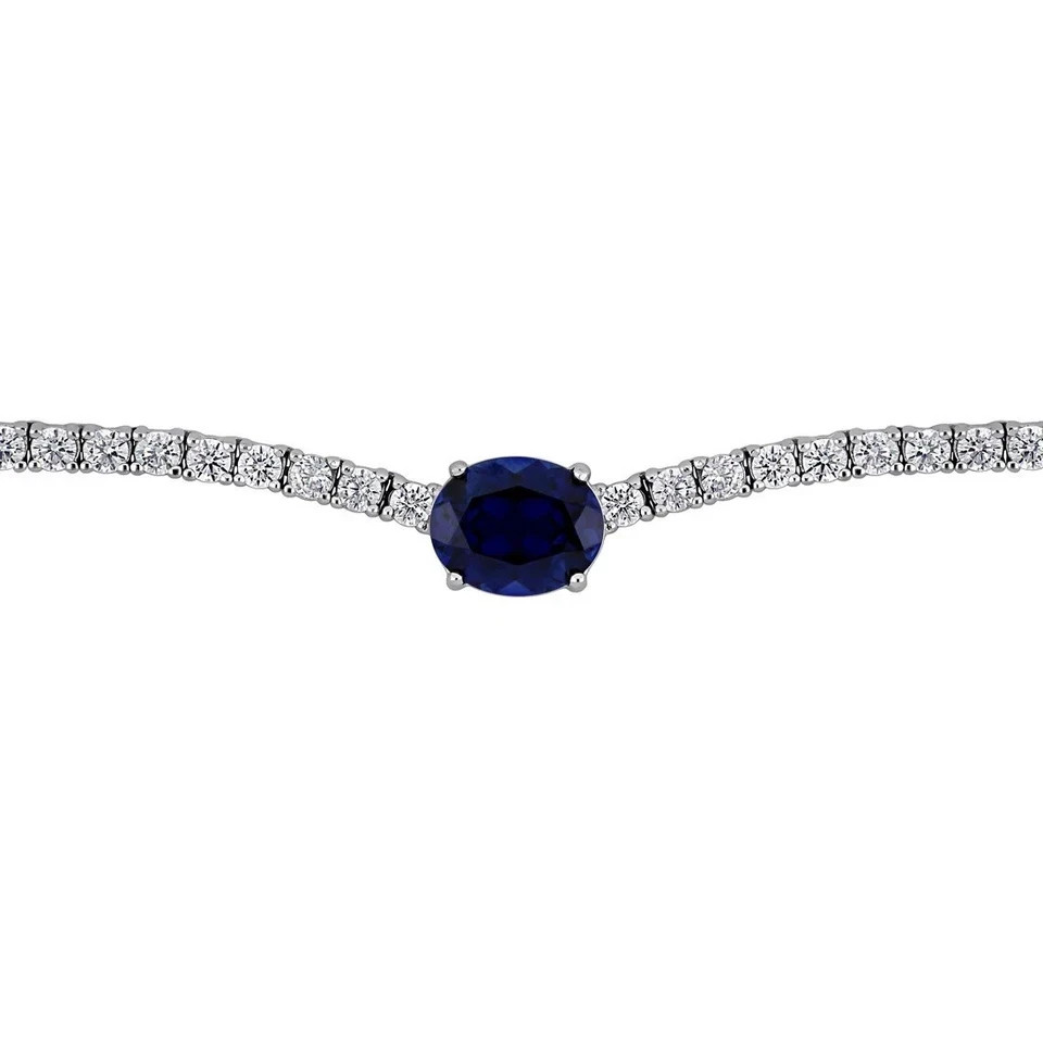 21Ct Created Oval Blue Sapphire & Diamond Womens Tennis Necklace 14K Gold Plated