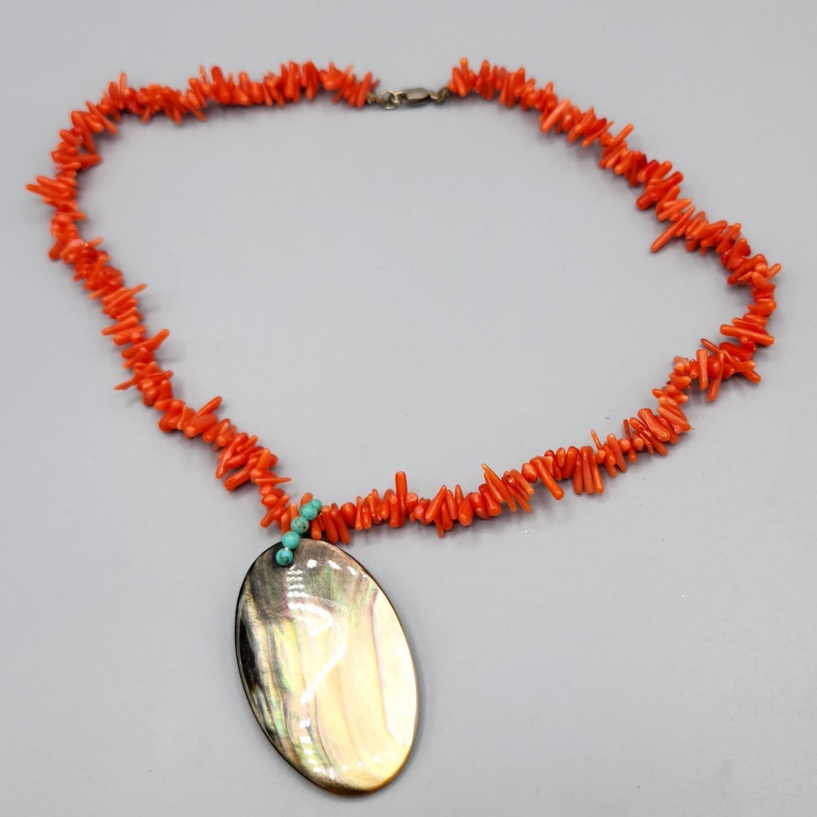 Red Branch Coral Turquoise Mother of Pearl Sterling Silver Necklace 16″ 25.7g