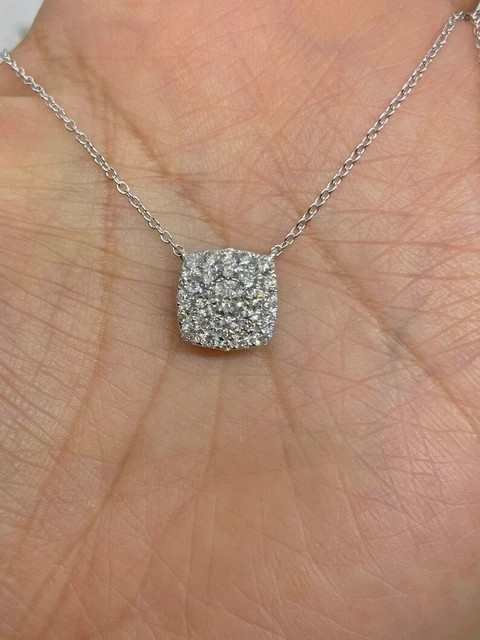 Real Moissanite 1.30Ct Round Cut Cushion Halo Stud Pendant 14K White Gold Plated