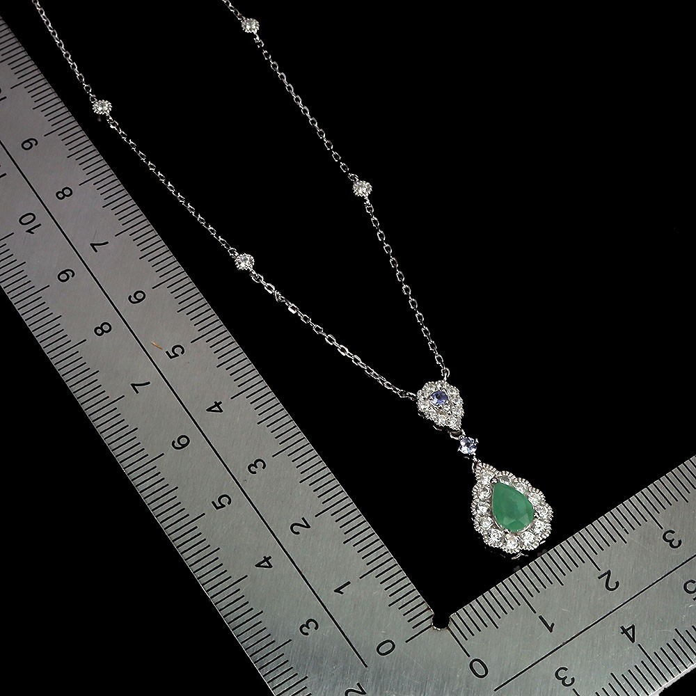 925 Sterling Silver Necklace Pear Emerald 7x5mm Natural Gemstone Jewelry 17in
