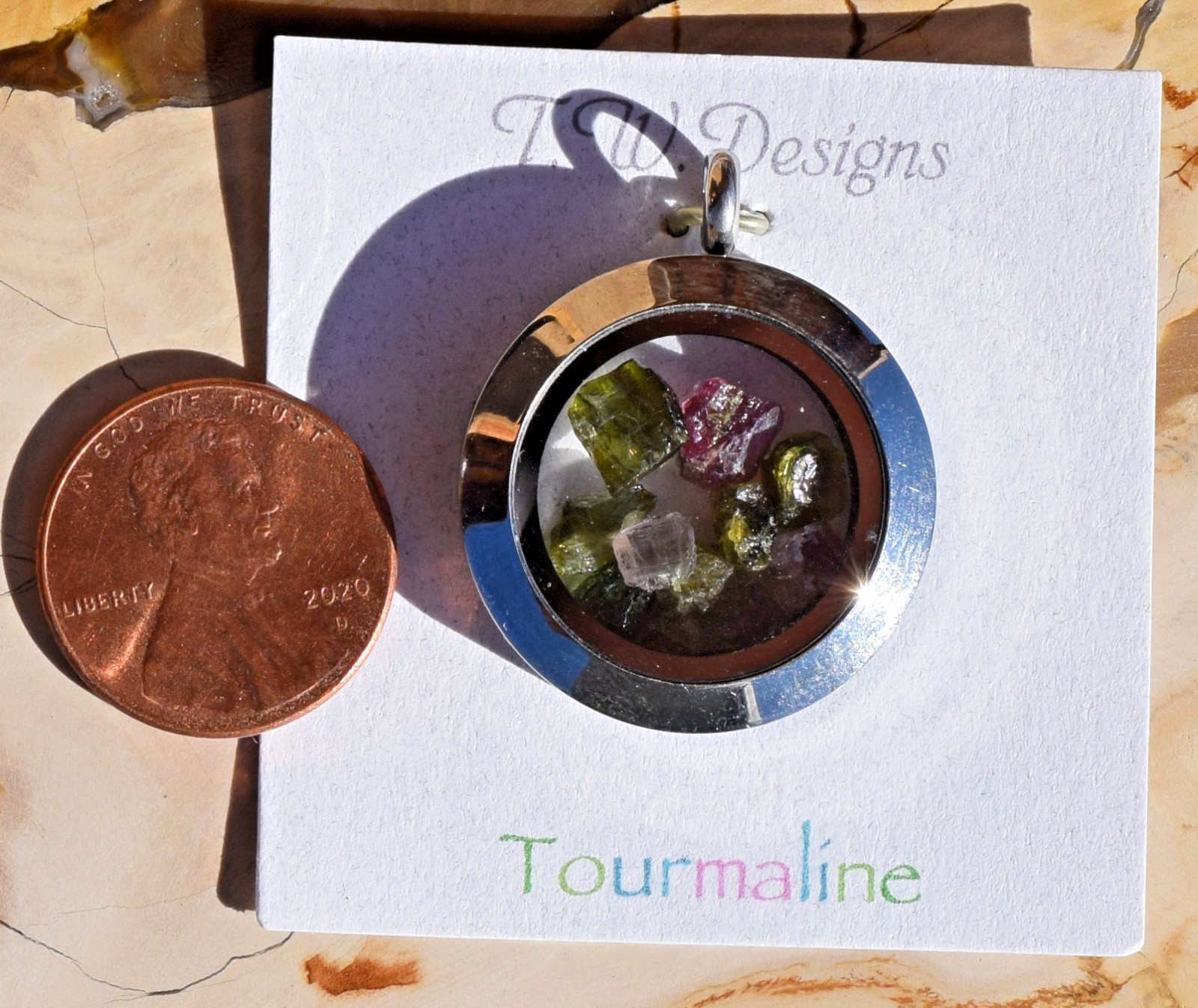 Tourmaline Floating Gems Polished Stainless Steel Locket Pendant