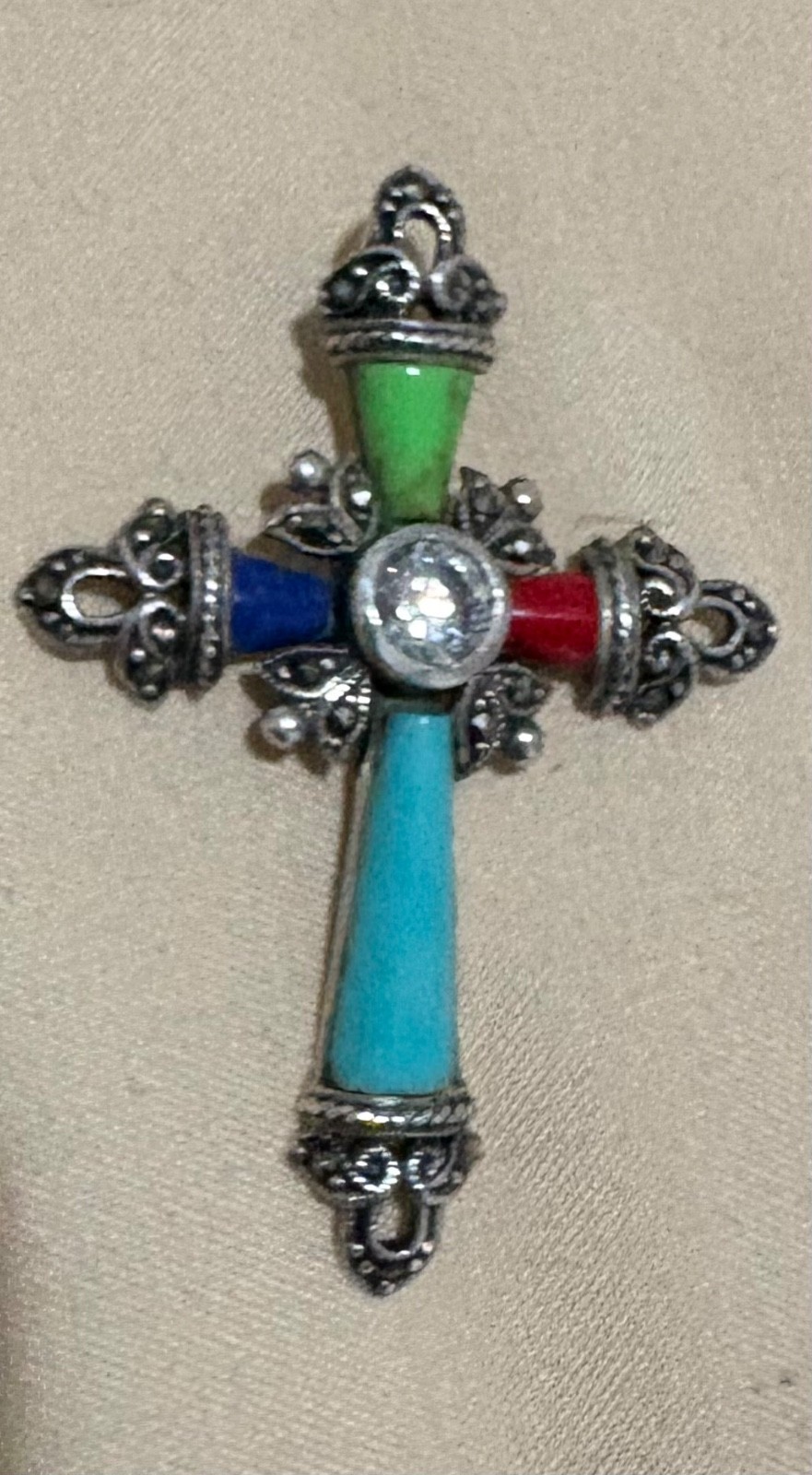 925 Sterling Silver Cross Pendant Turquoise Coral Lapis 2″ 7.16 grams CZ Gemston