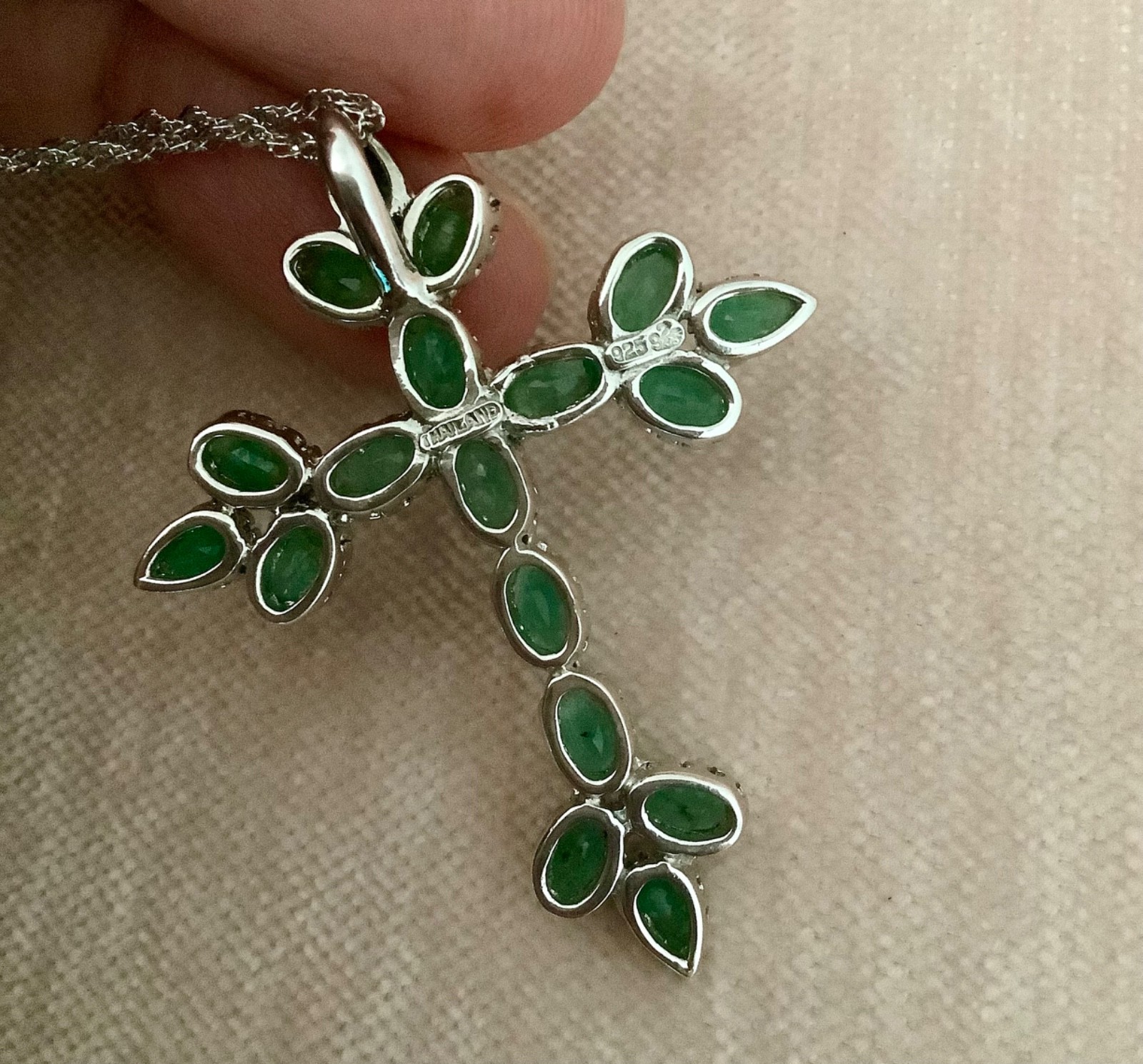 Chuck Clemency Sterling Silver Genuine Precious Emerald Cross Pendant w Chain