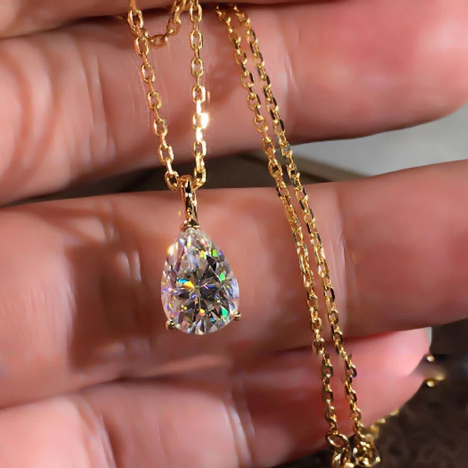 2 Ct Pear Moissanite 3 Prong Solitaire Pendant /No chain In Yellow Gold Plated
