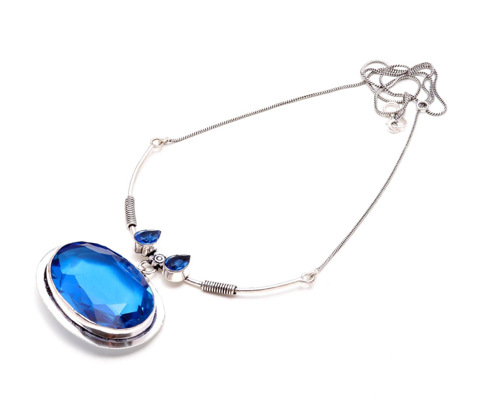 Swiss Blue Topaz Gemstone Necklace 925 Sterling Silver Pendant Boho Gift 18″