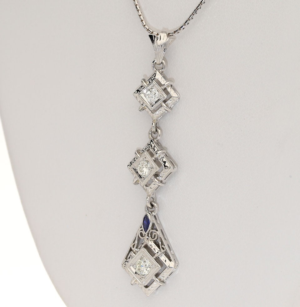 Natural Diamond Sapphire 18K Lavalier Pendant Necklace .35CT 14K WG 16”Chain