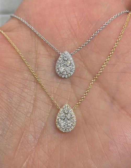 Real Moissanite 1Ct Round Cut Teardrop Pendant 14K White Gold Plated Silver 18′