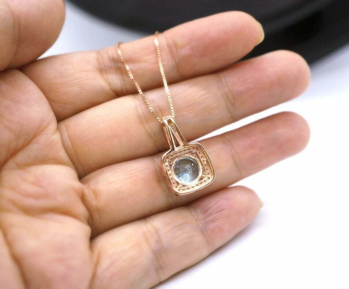 2Ct Round Cut Aquamarine Halo Pendant Necklace 14K Rose Gold Finish Free Chain