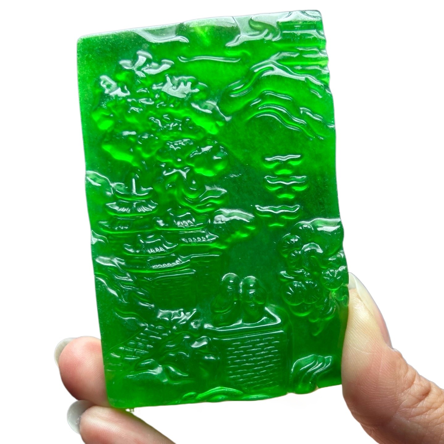 Natural Ice Green Burmese Jadeite Hand Carved Landscape Lucky Pendant Necklace