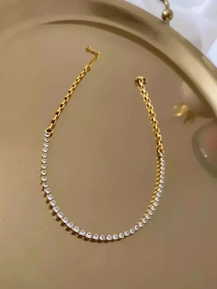 6Ct Round Cut White Moissanite Women’s Tennis Necklace 14K Yellow Gold Plated